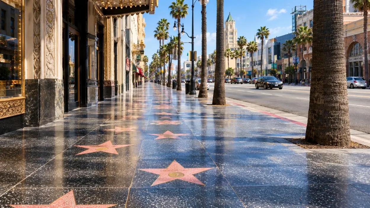 Hollywood Boulevard de jour, étoiles incrustées dans le trottoir sous les palmiers