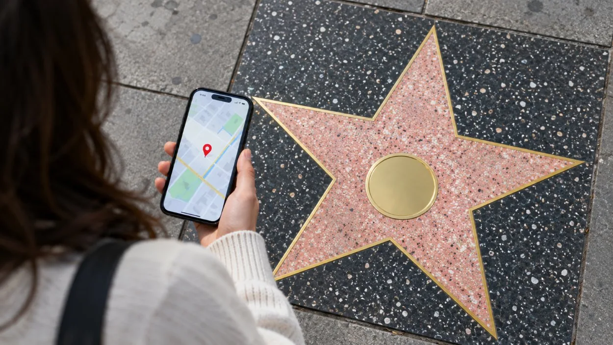 A visitor checking a map on a phone above a star in the sidewalk