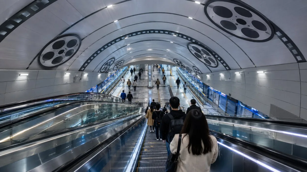 Una escalera mecánica que desciende a una estación de Metro subterránea en Hollywood