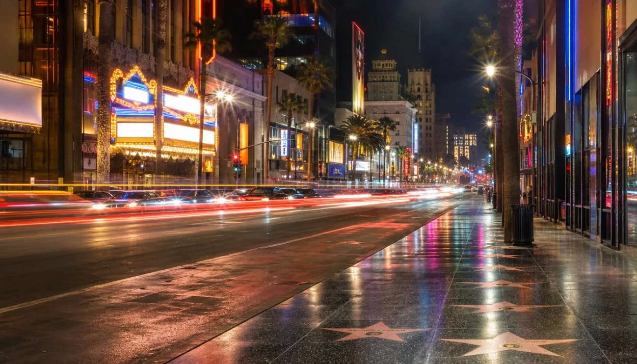 Hollywood Boulevard de nuit avec les enseignes de théâtres illuminées et la circulation