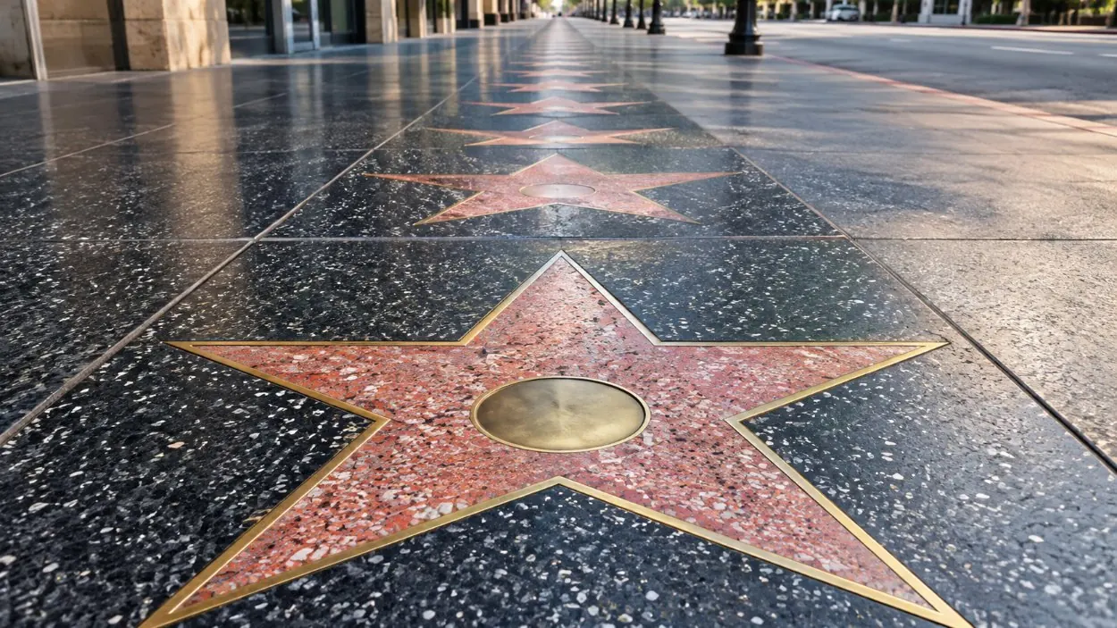 Eine lange Reihe von Terrazzo- und Messingsternen auf dem Gehweg des Hollywood Boulevards