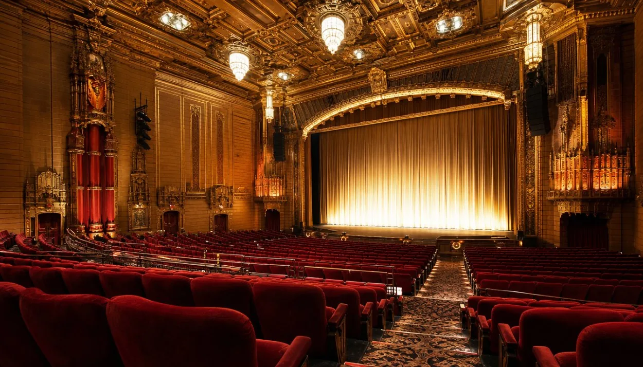 El interior dorado de un gran teatro de Hollywood con filas de asientos rojos
