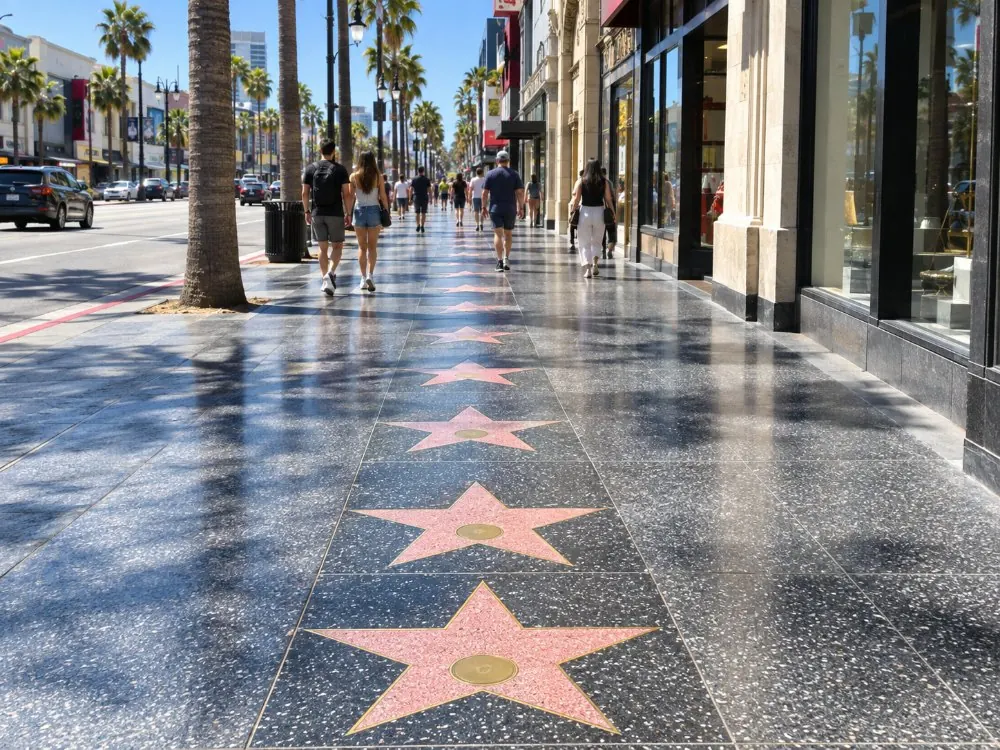 Geweg der Hollywood Boulevard mit Sternen, gesäumt von Palmen